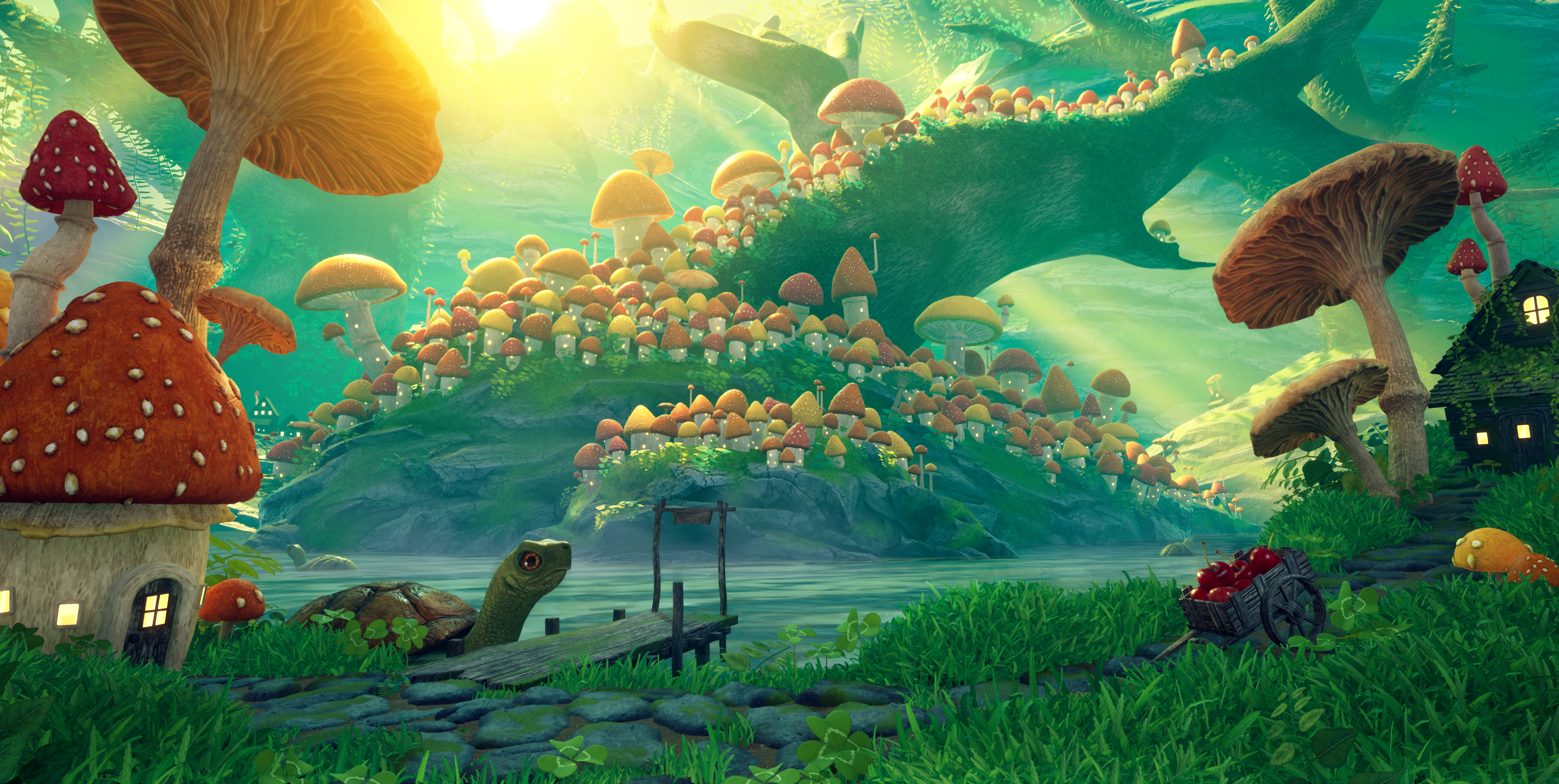 Bright, fantastical, lush world full of building sized mushrooms.